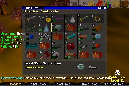 In-game login rewards grid on streak day 10