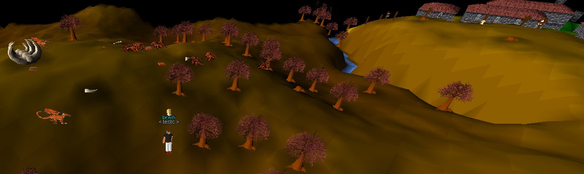 A player among dead trees, with a young dragon and Edgeville beyond the stream